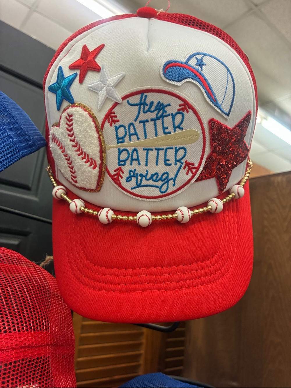 Red Women’s Baseball Patch Trucker Hat with Beaded Trim